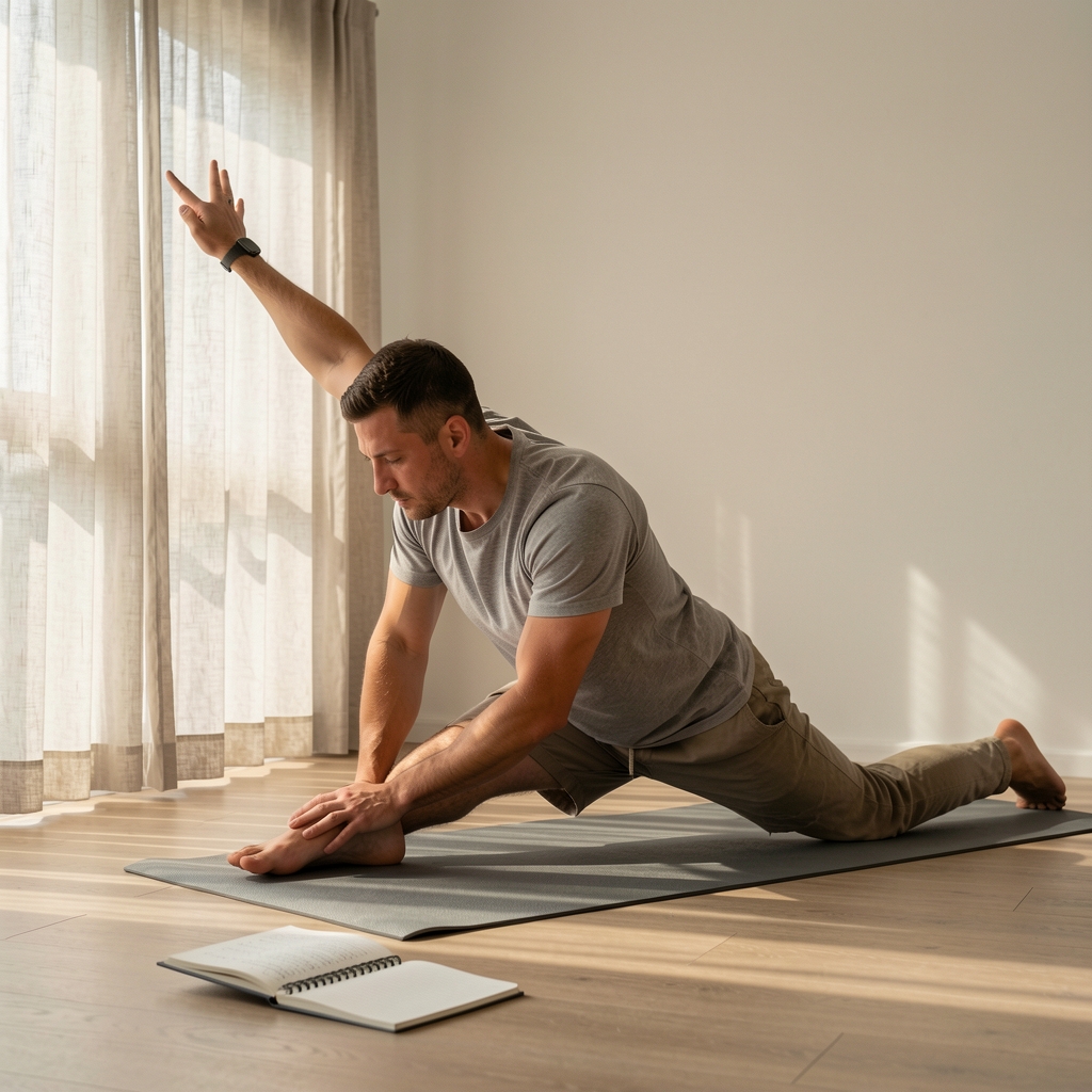 Man performing a precise morning stretching routine in a minimalist room with early daylight filtering through linen curtains and a notebook open on the floor